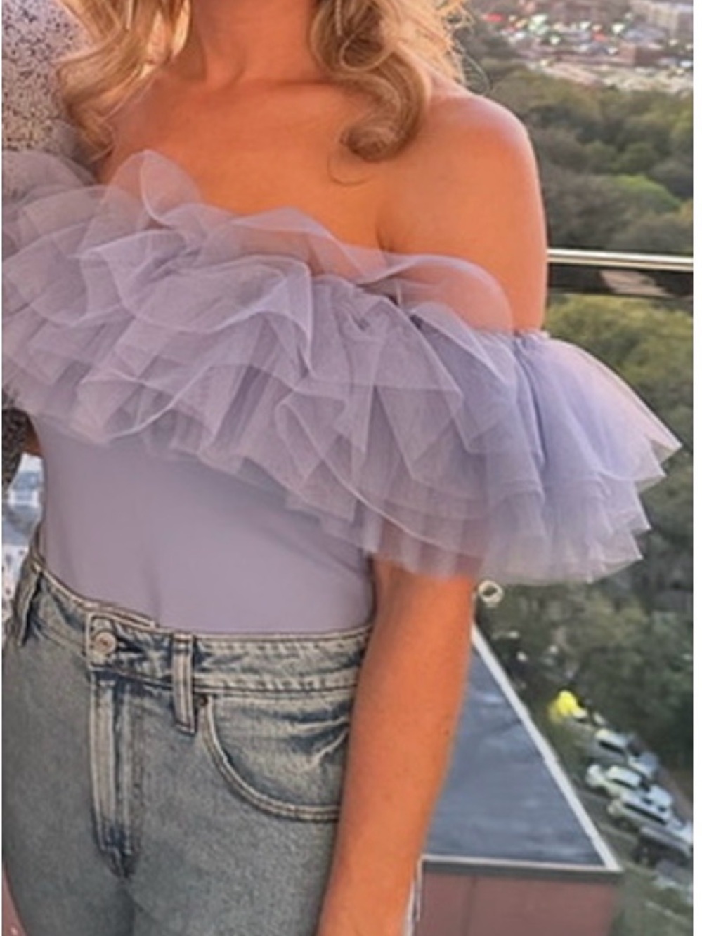 Free People Big Love Off-Shoulder Ruffle Tulle Bodysuit